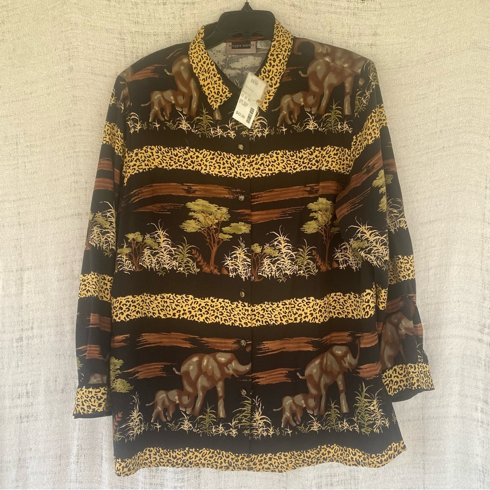 NWT Maggie Barnes Button Up Long Sleeve Safari Print 100% Rayon Shirt Size 16W